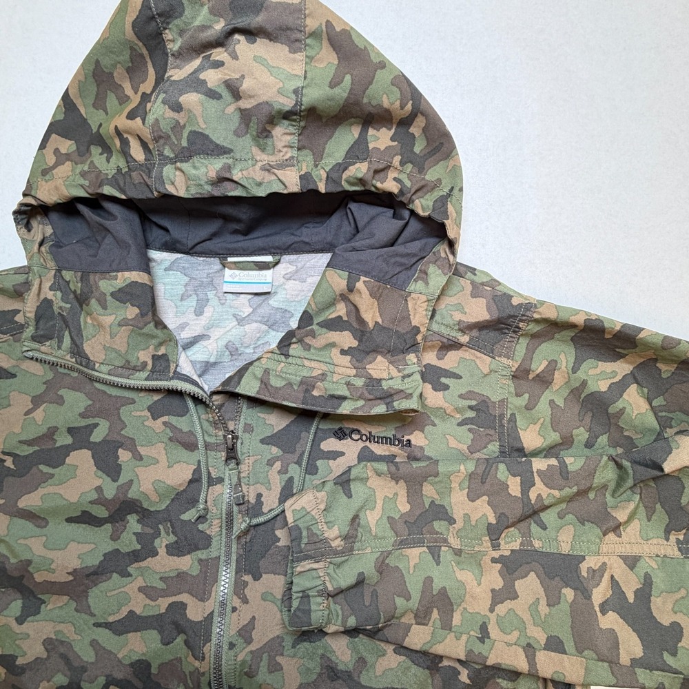 Columbia Jacket Womens Large Green Camo Hooded Lightweight Coat Full Zip
